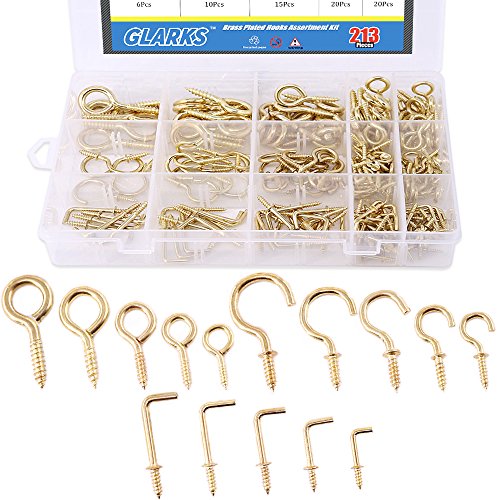 Glarks 213-Pieces Brass Plated Screw Eyes & Screw-in Ceiling Cups Hooks & Square Bend Hooks Assortment Set Kit for Hanging