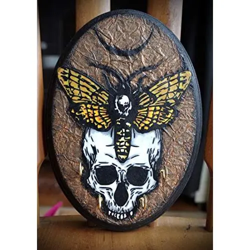 Deaths-Head Hawkmoth on Skull Crescent Moon Hand Made 4 Hook Jewelry Key Hanger Organizer Deaths-Head Hawkmoth on Skull Crescent Moon Hand Made 4 Hook Jewelry Key Hanger Organizer