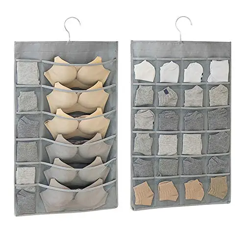 Dual-Sided Hanging Closet Organizer for Underwear, Stocking, Bra and Sock, Multifunctional 36 Mesh Pockets & 360 Degree Rotating Metal Hanger (Grey)