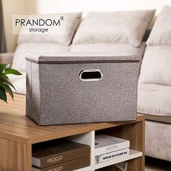 Prandom Large Foldable Storage Bin with Lid [1-Pack] Linen Fabric Decorative Storage Boxes Organizer Containers Basket Cube with Handles Divider for Bedroom Closet Office Living Room (17.7x11.8x11.8)