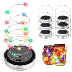 Solar Mason Jar Lights, BizoeRade Dual Row Solar Powered 20 LED Fairy Firefly String Lights(6 Lid Lights and 6 Hangers Included),Fit Regular Mouth Mason Jars for Outdoor Decoration -Multicolor