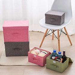 Large Cotton Linen Fabric Folding Storage Boxes Foldable Bins Toys Organizer with Lids and Handles Storage Basket,26X20X17Cm1