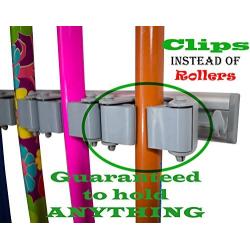 Not Yet Another Mop Broom Holder, Clips Hold Everything Better Than Rollers, 4 Sliding Grippers and 4 Hooks, Wall Mount on Aluminum Rack by 2 Screws Only, Tools Organizer for Garden, Garage or Closet