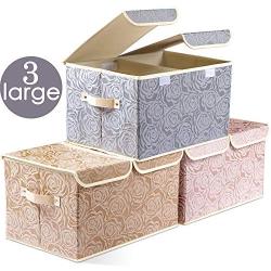 Prandom Large Foldable Storage Bins with Lids Fabric Decorative Storage Boxes Cubes Organizer Containers Baskets with Cover Handles Removable Divider for Bedroom Closet Nursery 17.3x11.8x9.8 Inch 3 Pack