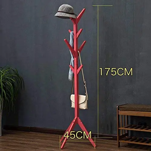 Solid Wood Coat Rack Living Room Bedroom Bag Rack Hall Hanger Storage Shelf Multi-Color Clothes Tree (Color : Red, Size : A)