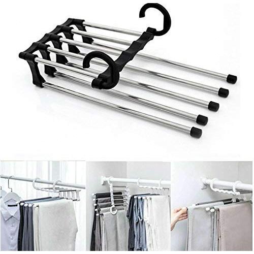 5pcs Random Color Fashion 5 in 1 Pant Rack Shelves Stainless Steel Clothes Hangers Multi-Functional Wardrobe Magic Hanger Decoration