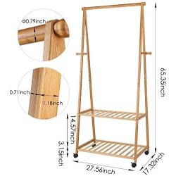 Homfa Bamboo Clothes Rack on Wheels Rolling Garment Rack with 2-Tier Storage Shelves and 4 Coat Hooks for Shoes, Clothing