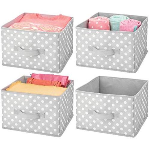 mDesign Soft Fabric Closet Storage Organizer Holder Boxes Bin - Attached Handle, Open Top, for Child/Kids Bedroom, Nursery, Toy Room - Fun Polka Dot Print - Medium, 4 Pack - Gray/White Dots