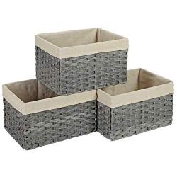 SONGMICS Set of 3 Rattan-Style Storage Bins, Indoor Collapsible Storage Baskets, Toy Organizers, 30L Decorative Bins with Liner and Handles, Bedroom Closet Laundry Room, Gray URRB225WG