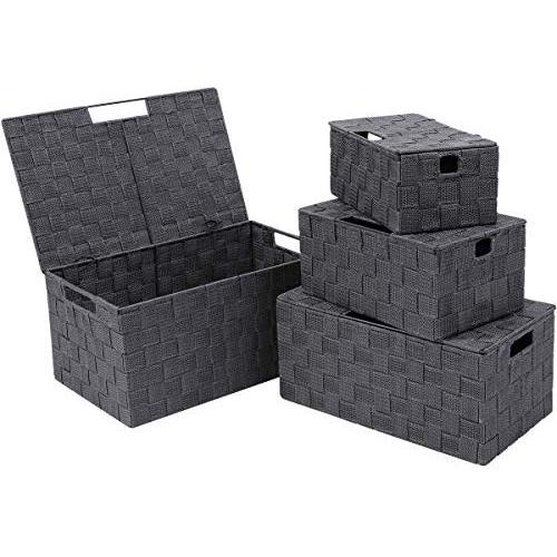 KEDSUM Woven Storage Baskets Boxes Bins, Storage Baskets with Lids Storage Cube Bins Closet Storage Baskets, Woven Organizer Baskets Built-in Carry Handles (Grey Set of 4)