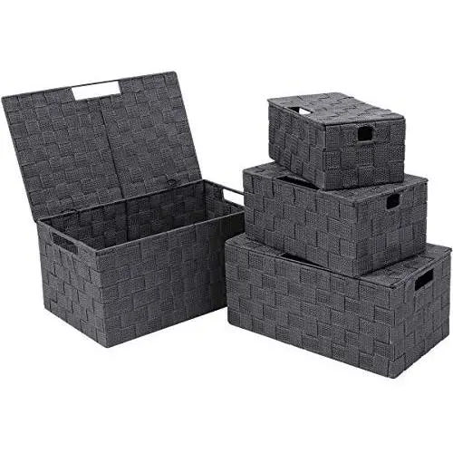KEDSUM Woven Storage Baskets Boxes Bins, Storage Baskets with Lids Storage Cube Bins Closet Storage Baskets, Woven Organizer Baskets Built-in Carry Handles (Grey Set of 4) KEDSUM Woven Storage Baskets Boxes Bins, Storage Baskets with Lids Storage Cube Bins Closet Storage Baskets, Woven Organizer Baskets Built-in Carry Handles (Grey Set of 4)