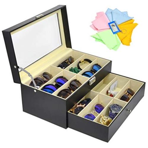 ADTL 3 Gifts for Free 12 Grids Double-Layer Black PU Leather Organizer Sunglass Eyewear Storage Box