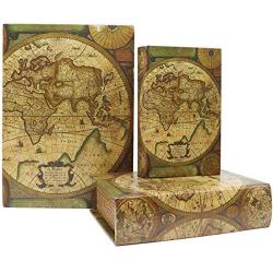 Jolitac Decorative Book Boxes World Map Pattern Antique Book Invisible Boxes with Magnetic Cover, Faux Wood Set of 3 Storage Set (Map)