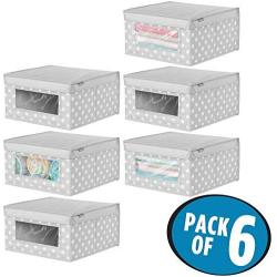 mDesign Soft Stackable Fabric Closet Storage Organizer Holder Boxes - Clear Window and Lid, for Child/Kids Room, Nursery, Playroom - Polka Dot Print - Medium, 6 Pack - Light Gray with White Dots