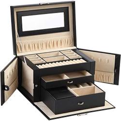 ABO Gear Boxes Jewelry Case Jewlery Organizers Storage with Lock, Black/Beige Pu Leather