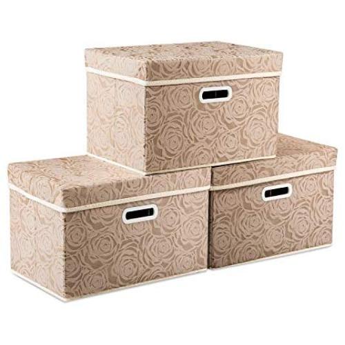 Prandom Collapsible Storage Cubes with Lids Fabric Decorative Storage Bins Boxes Organizer Containers Baskets with Cover Handles for Bedroom Closet Living Room 14.9x9.8x9.8 Inch 3 Pack