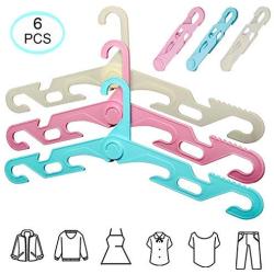 YOLOKE 6Pcs Folding Travel Hangers, Portable Folding Clothes Hangers Travel Accessories, Non-Slip Sturdy Drying Rack Garment Hangers for Suit Coat Pants Tank Top (Pink+Blue+Beige)