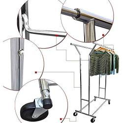 Cypressshop Commercial Double Rail Clothing Garment Rack Rolling Steel Hanging Holder Portable Adjustable Trolley Cart Garment Dryer Holder Clothes Hanger Home Furniture