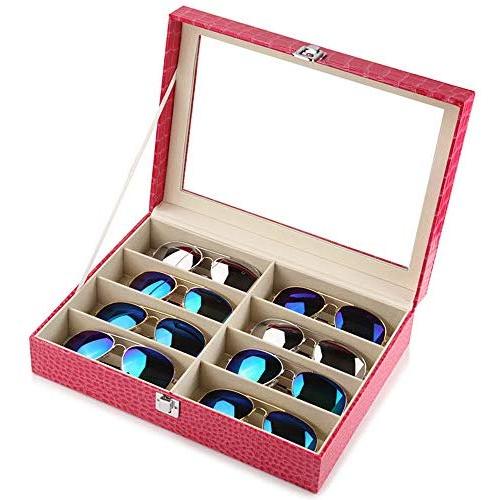 JOANNAS HOME 8 Slot Eyeglass Sunglass Storage Box, PU Leather Glasses Display Case Storage Organizer Collector (Rose Red)