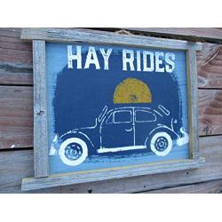 Vintage look HAY RIDES VW BUG BEETLE Fall jute hanger antique style primitive style. weathered wood sign