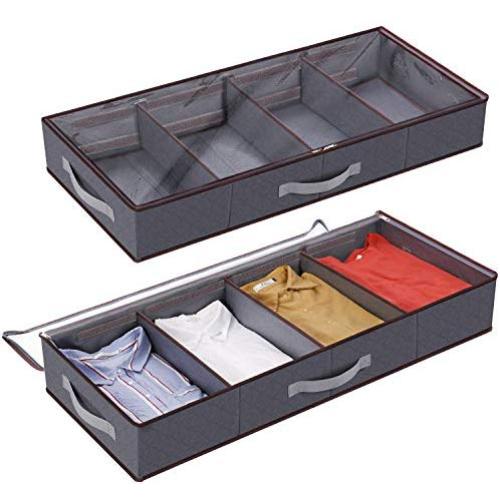Lifewit Under Bed Clothes Organizer Large Adjustable Dividers Storage Bag with Durable Fabric, Reinforced Handle, 4 Clear Window for Clothing, Shoes, Blankets, Sweaters, Toys, Grey, 2 Pack