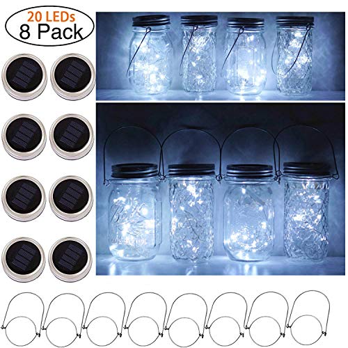 Cynzia Solar Mason Jar Lid Lights, 8 Pack 20 LED Waterproof Fairy Star Firefly String Lights with 8 Hangers (Jar Not Included), for Mason Jar Lantern Table Garden Wedding Party Decor (Cold White)