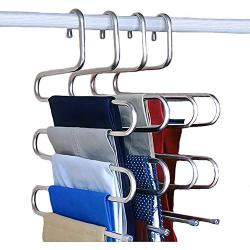 NewShimer S Shaped 5 Tier Pants Hangers Stainless Steel Clothes Hangers Closet Organizer for Scarf, Leggings,Jeans,Towels, Shower (4-Pieces)