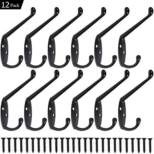 12 Pack Wall Coat Hooks Rustic Dual Hooks Heavy Duty Key Hooks for Wall Towel Hook Hanger with Screw Mounted Hooks (Black) 12 Pack Wall Coat Hooks Rustic Dual Hooks Heavy Duty Key Hooks for Wall Towel Hook Hanger with Screw Mounted Hooks (Black)