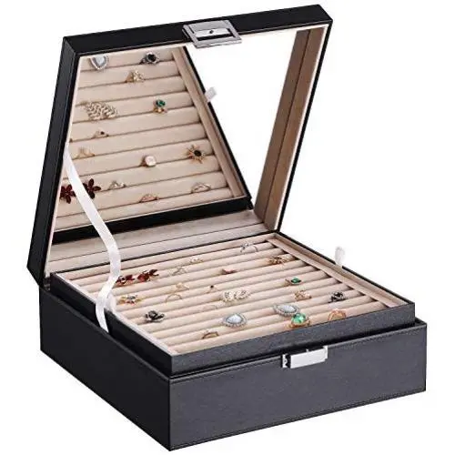 BEWISHOME Ring Organizer and Earring Boxes Holder - 11 Ring Slots, 25 Earring Compartments, Large Mirror, 2 Layers - Jewelry Boxes Tray Cufflinks Storage for Girls Women Men, Black Faux Leather SSH21B BEWISHOME Ring Organizer and Earring Boxes Holder - 11 Ring Slots, 25 Earring Compartments, Large Mirror, 2 Layers - Jewelry Boxes Tray Cufflinks Storage for Girls Women Men, Black Faux Leather SSH21B