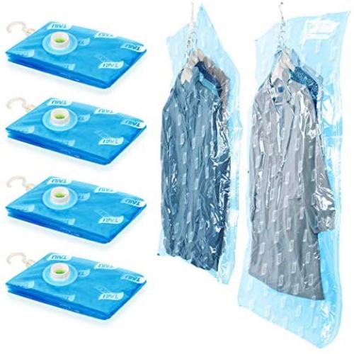 TAILI Hanging Space Saver 4 Pack Vacuum Storage Bags (2 Long 53 x 27.6 & 2 Short 41.3 x 27.6) 5 Cascading Hangers, Garment Protect Closet Organizer Ideal for Clothes, Suits, Dresses, Jackets