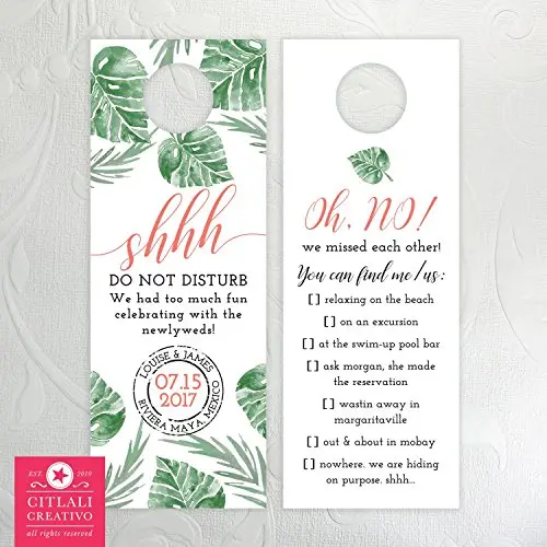 Palm Leaves Shhh Do Not Disturb Tropical Destination Wedding Door Hangers (set of 10)