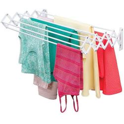 mDesign Metal Wall Mount Accordion Expandable Retractable Clothes Air Drying Rack - 8 Bars for Hanging Garments - Great for Laundry Room, Bathroom, Utility Area - Compact Fold Away - White