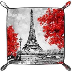 Oil Painting Paris Eiffel Tower and Red Maple Trees Leather Tray Dice Boxes Bedside Tray Key Watches and Candy Holder Sundries Entryway Tray,20.5x20.5cm