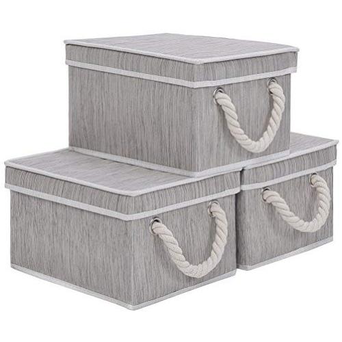 JS HOME Foldable Basket Organizer Bin, Polyester Storage Boxes with Strong Cotton Rope Handle and Lid, Grey, Small, 3-Pack