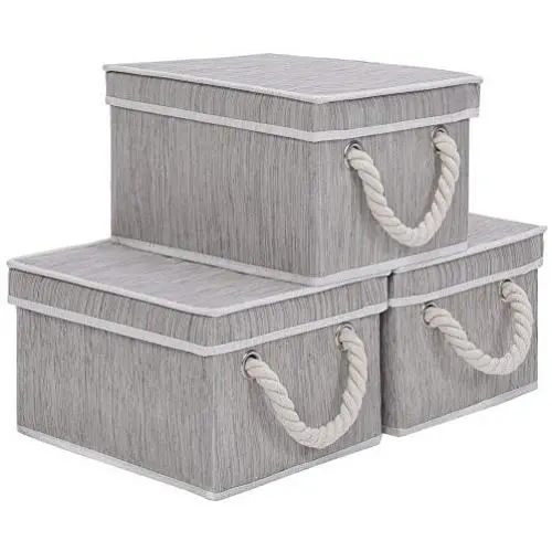 JS HOME Foldable Basket Organizer Bin, Polyester Storage Boxes with Strong Cotton Rope Handle and Lid, Grey, Small, 3-Pack JS HOME Foldable Basket Organizer Bin, Polyester Storage Boxes with Strong Cotton Rope Handle and Lid, Grey, Small, 3-Pack