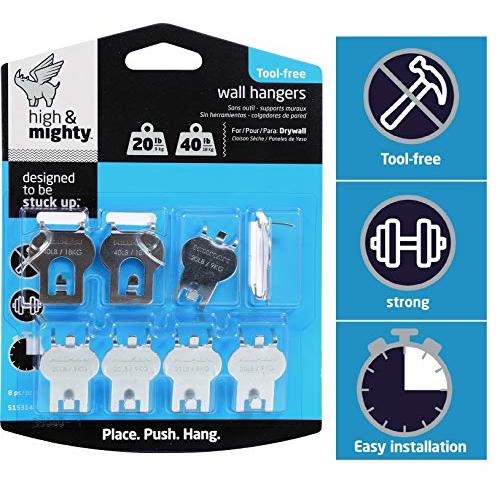 HIGH & MIGHTY 515314 Tool Free Picture Hanging Kit, 8 Pieces, 20-40LB Limit, Silver