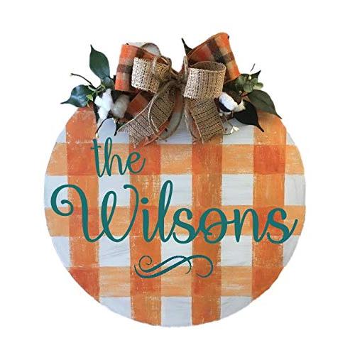 Family Name Fall Plaid Door Hanger, Orange Plaid and Teal Wood Sign, Farmhouse Shabby Natural Cotton Country Thanksgiving Round