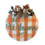 Family Name Fall Plaid Door Hanger, Orange Plaid and Teal Wood Sign, Farmhouse Shabby Natural Cotton Country Thanksgiving Round