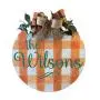 Family Name Fall Plaid Door Hanger, Orange Plaid and Teal Wood Sign, Farmhouse Shabby Natural Cotton Country Thanksgiving Round