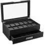 Glenor Co Watch Boxes with Valet Drawer for Men - 12 Slot Luxury Watch Case Display Organizer, Carbon Fiber Design - Metal Buckle for Mens Jewelry Watches, Mens Storage Boxes Holder has Large Glass Top