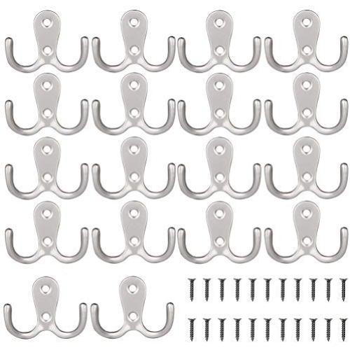 18 Pcs Double Prong Robe Hook Retro Cloth Hanger with 40 Pieces Screws, Heavy Duty Wall Mount Coat Hook, Door & Wall Robe Dress Hat Clothes Garment Hangers Towel Rack in Matte Nickel,Silver