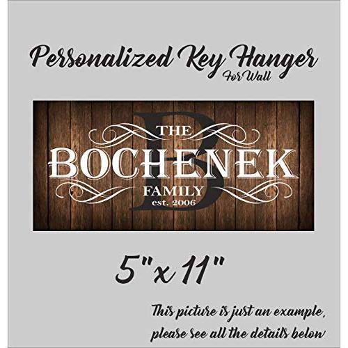 Wall key holder with hooks, personalized mounted keyring hanger, decorative family key rack organizer, housewarming wedding gift, new home present for couple, 5 x 11"