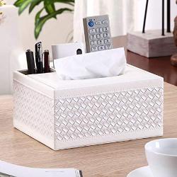 Eonyea Rectangular Tissue Boxes Cover, ultifunction PU Leather Pen Pencil Remote Control Tissue Boxes Cover Holder Desk Storage Boxes Container for Home and Office Use (White)