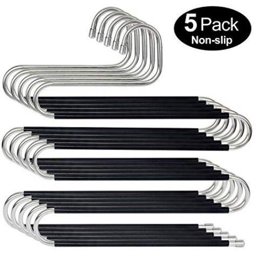 HuaQi S Shape Clothes Pants Hangers Non Slip Closet Storage Organizer Multi Space Saving Hanger for Pants Jeans Belt Tie Scarf Legging (5-Pieces)