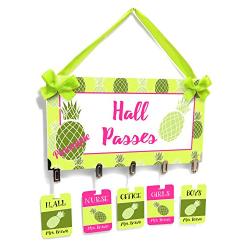 School Rooms Hall Pass with Hanger Green and Pink Tropical Theme wiht Pineapples