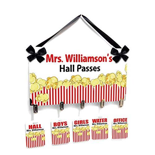Personalizable Popcorn Theme Teacher Classroom Hall Passes Set with Hanger, School Locations Badges Personalizable Popcorn Theme Teacher Classroom Hall Passes Set with Hanger, School Locations Badges