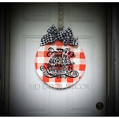 Round Farmhouse plaid fall wreath pumkin door hanger