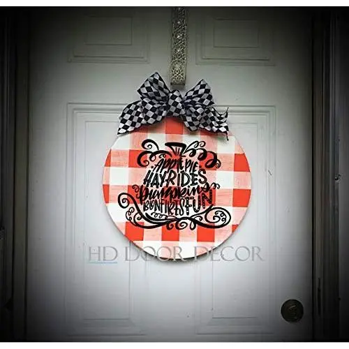 Round Farmhouse plaid fall wreath pumkin door hanger