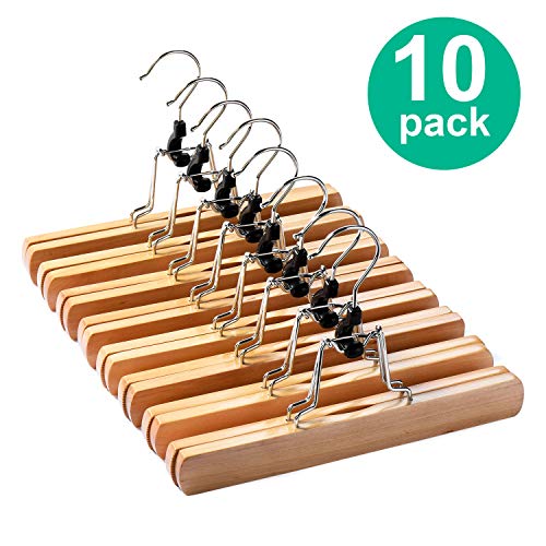 HOUSE DAY Wooden Pants Hangers 10 Pack Non Slip Wood Skirt Hangers Wood Jeans/Slack Hanger with 360° Swivel Hook - Pants Clip Hangers for Skirts, Slacks - Clamp Hangers