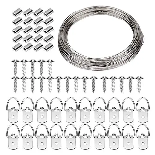 LUTER Picture Hanging Kit 20 Pcs Picture Hangers with Screws and 20 Pcs Aluminum Crimping Loop Sleeve, 1 Pcs Picture Hanging Wire, Supports up to 33 lbs (0.8 mm x 100 Feet)